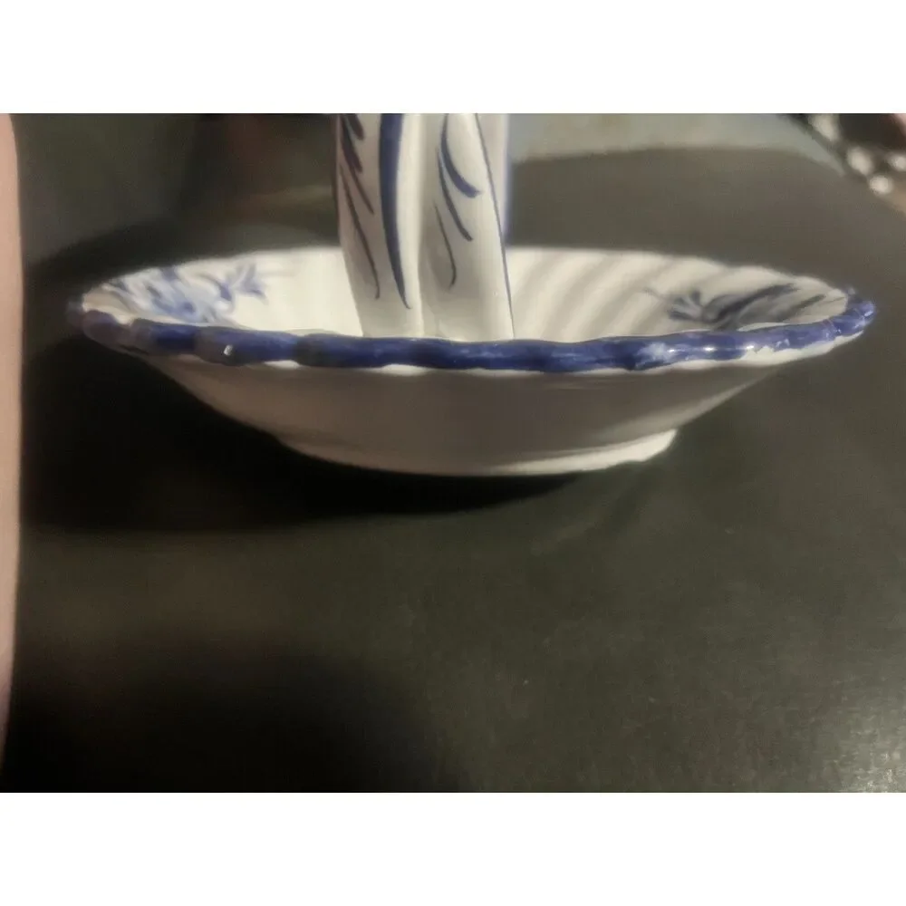 Blue White Hand Painted Ceramic Basket R.C.& Cal Da Juncal Porto De Mos Portugal